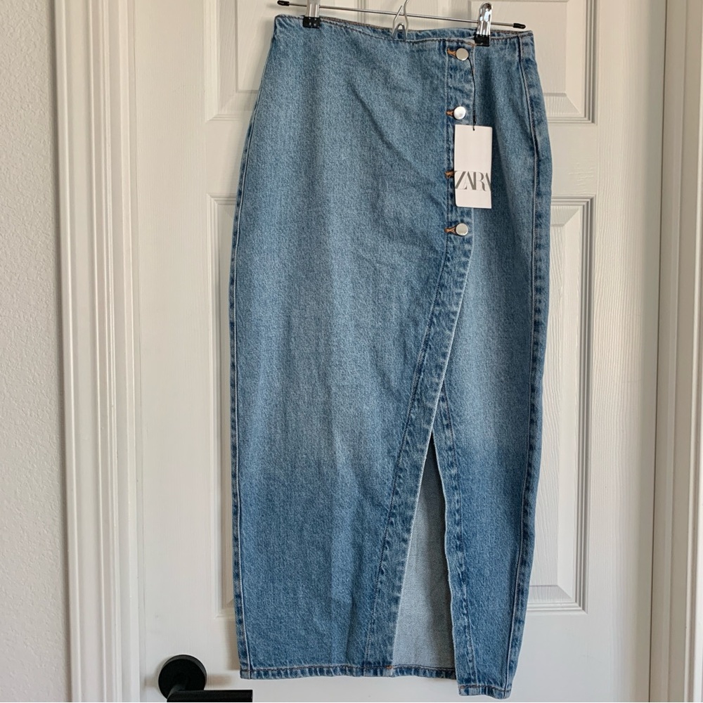 [🌟 PRICE FIRM] ZARA Denim Crossover Midi Skirt Blue Jean Pencil Skirt w/ Slit - Picture 5 of 15